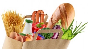 Paper bag with food on a white background.